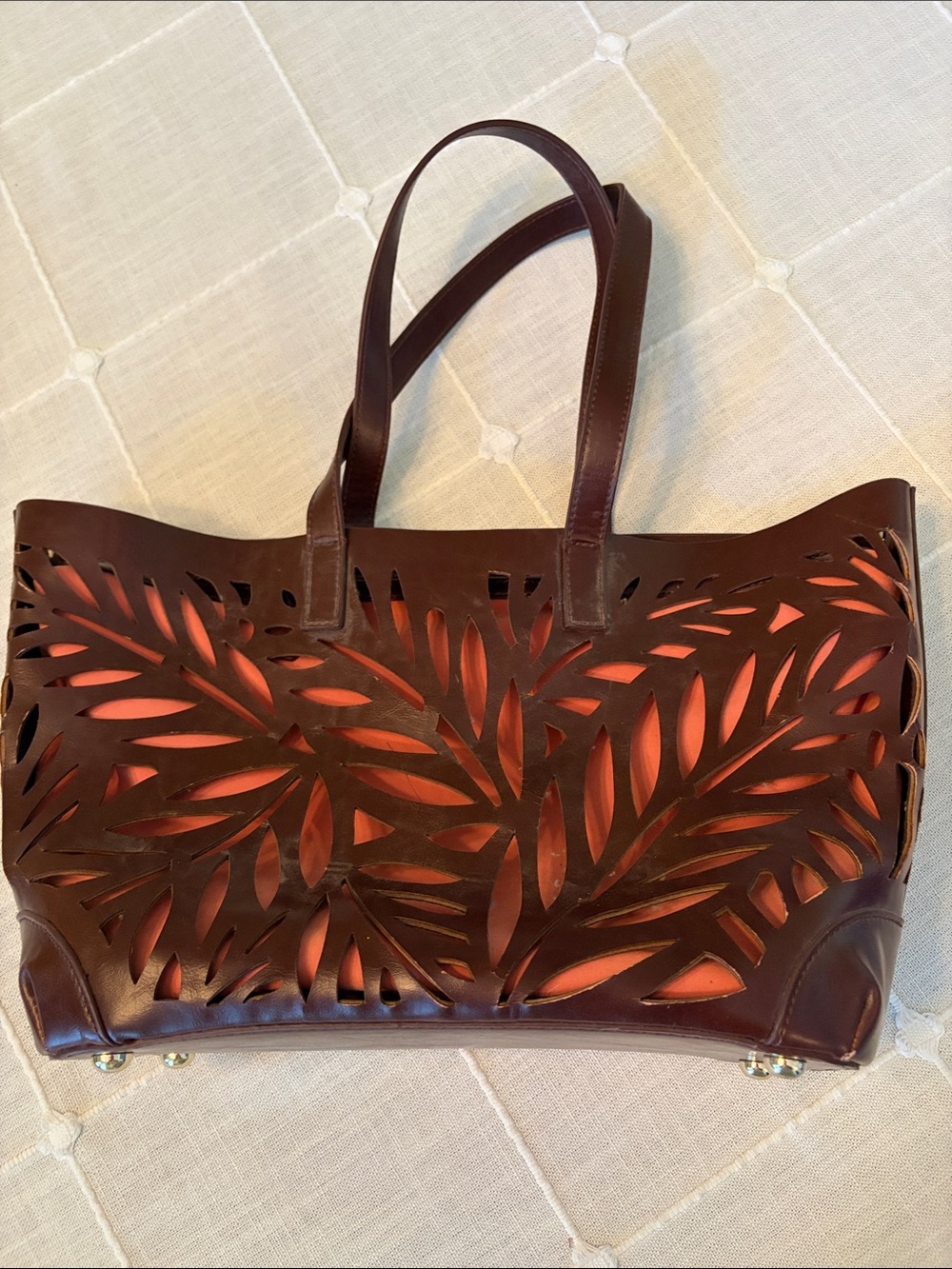 Women's Brown Laser-Cut Tote with snap in or out Coral Lining